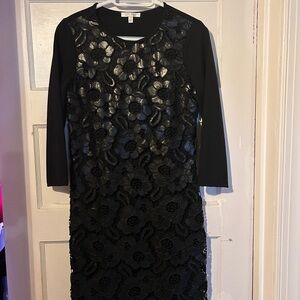 Black Textured Floral 3/4 Sleeve Dress